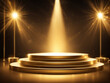 © Beibeinside - Podium with golden light lamps background. Golden light award stage with rays and sparks