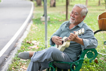 senior man playing ukulele and looking forward in a park