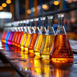 A row of Erlenmeyer glass flasks filled with colorful liquids, Chemistry - Generative AI