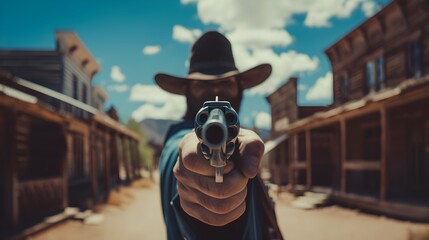 western movie shot, front view of a cowboy ready to do a duel in middle of a wild west town pointing