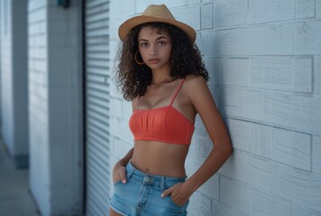 Wall Mural - young woman leaning against white wall with hat and shorts on hips hipstock