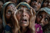 Fototapeta Sport - Intense emotional moment of an elderly woman expressing desperation and fear among a crowded group of people.
