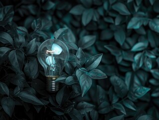 One of Lightbulb glowing among shutdown light bulb in dark area