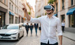 Man in the VR headset at the street