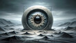 Surreal landscape with a colossal structure resembling a human eye set amidst a desolate, undulating dunescape under a stormy sky.Background concept.AI generated.
