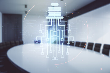 Wall Mural - virtual creative idea concept with light bulb and microcircuit illustration on a modern conference r