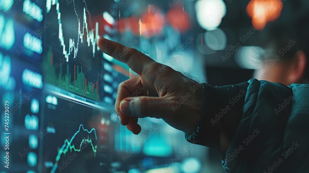 finger pointing at screen displaying detailed stock market charts for ...