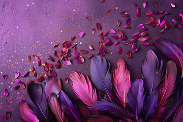 Wall Mural - purple feathers on a purple background with confetti 