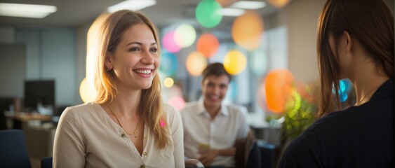 Woman surrounded by vibrant bokeh lights engages in an office conversation 