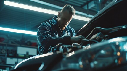 car mechanic in overall uniform meticulously checking the engine under the hood at a modern clean car service station workshop