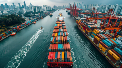 Wall Mural - Aerial top view container cargo ship in import export business commercial trade logistic and transportation of international by container cargo ship in the open sea, Container cargo freight shipping.