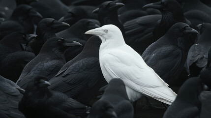 Canvas Print - White crow in flock of black ones - concept of individuality, being different