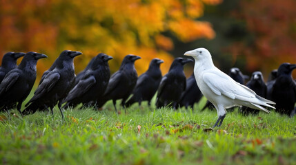 Canvas Print - Unique white crow amidst black ones - concept of being different