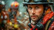 © Greg Kelton - Determined Fireman With Raindrops On His Helmet And Gear, His Focused Gaze Revealing The Intensity