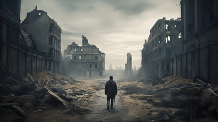 man standing in front of ruined city