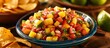 A bowl filled with a vibrant mix of tropical fruit salsa including mango, pineapple, and strawberries, served with crispy cinnamon tortilla chips for a sweet and savory snack.