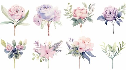 Wall Mural - Set of watercolor illustrations with wedding boutonnieres. Botanical illustration on white background for wedding, congratulations, wallpapers, fashion, backdrops, wrappers, print