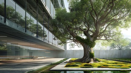 Wall Mural - sustainable design approach in eco architecture integrating greenery with glass office building