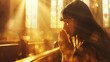 closeup of a woman praying in church, seeking solace and guidance in her faith journey