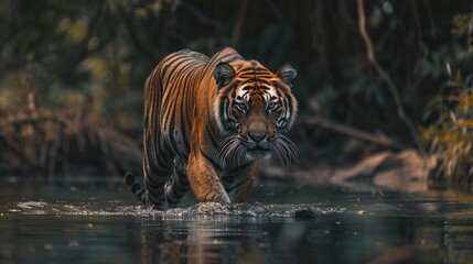 closeup of a majestic male tiger prowling in the river, a breathtaking scene of wildlife in motion
