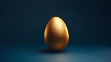 One Golden Egg Isolated On Dark Blue Background - Easter Concept Background With Copyspace