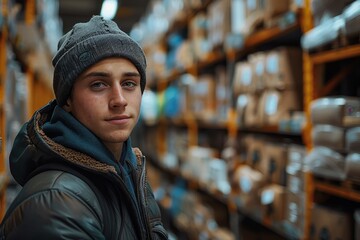 A focused young man wearing winter attire stands in an industrial warehouse setting