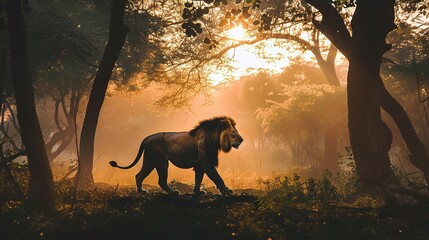 Wall Mural - regal silhouette of a majestic male lion walking gracefully in the wilderness