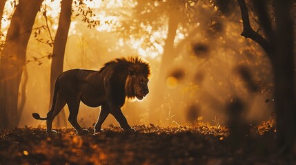 Wall Mural - beautiful silhouette of a wild male lion walking majestically in the forest