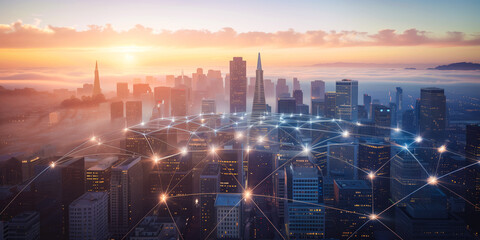 Modern city landscape showing dots and line representing high-speed internet, cloud data storage, computing, global market, global network - AI Generated