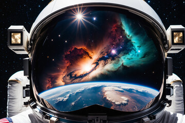 a close-up of an astronaut's helmet visor, reflecting a nebula in the cosmos