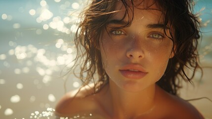 Wall Mural - Young girl with freckles in sunlight on the beach. Natural beauty close-up.