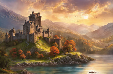 Wall Mural - sunset over the castle