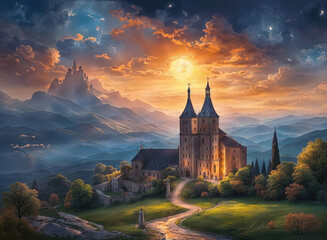 Wall Mural - sunset over the castle