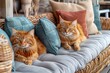 Two majestic ginger cats with lush fur recline leisurely on a wicker daybed adorned with cushions in muted tones of teal and beige, exuding a sense of calm domesticity. showcasing relaxed elegance.