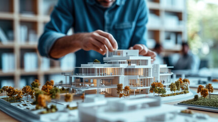 Poster - Architect meticulously adjusting a detailed scale model of a modern residential complex, reflecting precision and urban design expertise
