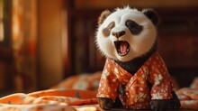 A Chubby Panda Bear Dressed In Adorable Pajamas Letting Out A Big Yawn That Makes Its Whole Body Shake