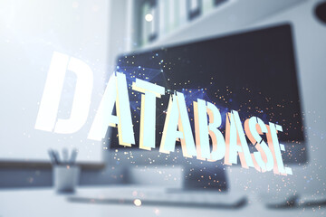 Wall Mural - double exposure of creative database word hologram and modern desktop with laptop on background, res