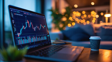 Aufkleber - evening trading session is captured where a laptop displays vibrant stock charts, accompanied by a takeout coffee cup, symbolizing the modern trader's dedication beyond traditional hours