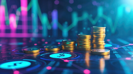 Poster - Coins stacked on vibrant market chart symbolize financial growth, investment strategies, and wealth accumulation, ideal for analyzing economic trends and forecasting business success