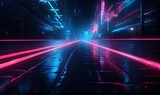 Fototapeta Przestrzenne - Neon paving stone road with glowing lines closeup background. City empty night 3d highway made of rough wet cobblestones with purple cyber design