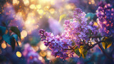 Fototapeta Zachód słońca - Lilac flowers spring blossom, sunny day light bokeh background