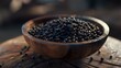 Aromatic black peppercorns in wooden bowl, rustic kitchen scene. spice close-up, culinary and flavor concept. food styling photography, natural wood backdrop. AI