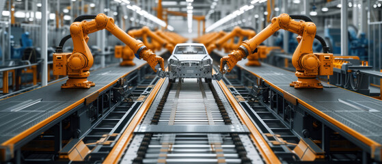 Aufkleber - Automated robotics arms efficiently assembling a car on a production line, showcasing precision and advanced manufacturing technology