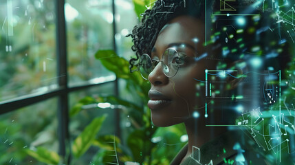 Medium shot of a Black businesswoman analyzing a sustainable business model, with green leaves and digital screens merging