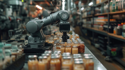 Aufkleber - An industrial robotic arm methodically caps jars of natural foods, exemplifying the synergy of technology and precision in food production