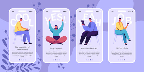 Aufkleber - Mobile app. Online phone service. People using smartphones. Onboarding screens. Career ambitions. Job management. Possibility development. Cellphone website pages vector design set
