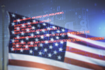 Wall Mural - double exposure of abstract creative programming illustration on us flag and blue sky background, bi