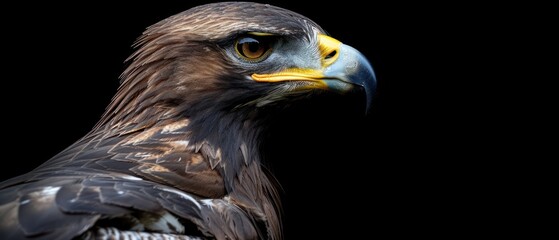 a close up of a bird of prey on a black background with a black background and a black back ground.