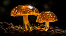Golden Mushrooms Growing Near Dark Night