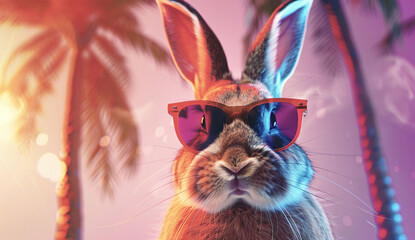 a bunny in sunglasses surrounded by palm trees